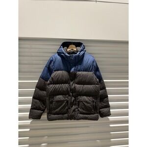 Prana Mens Hooded Puffer Jacket Blue Charcoal Grey Down Insulated Parka Small